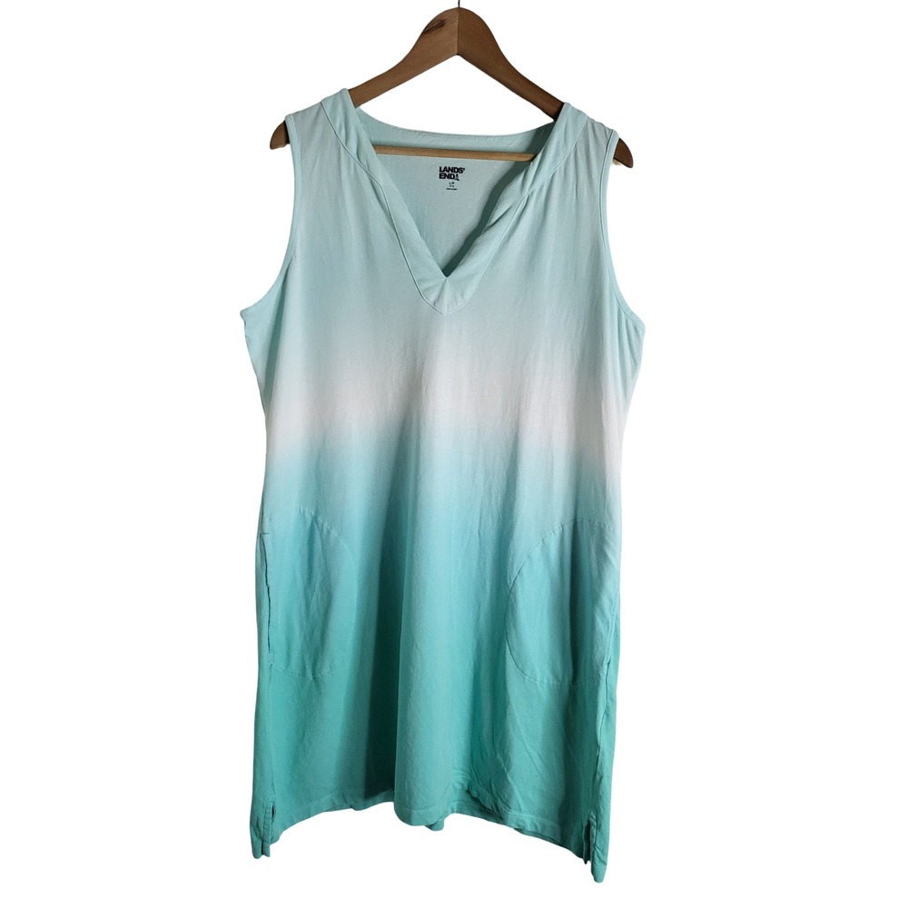 Lands End Petite Large Teal Ombre Cotton V-Neck Sleeveless Pocket Dress Coastal